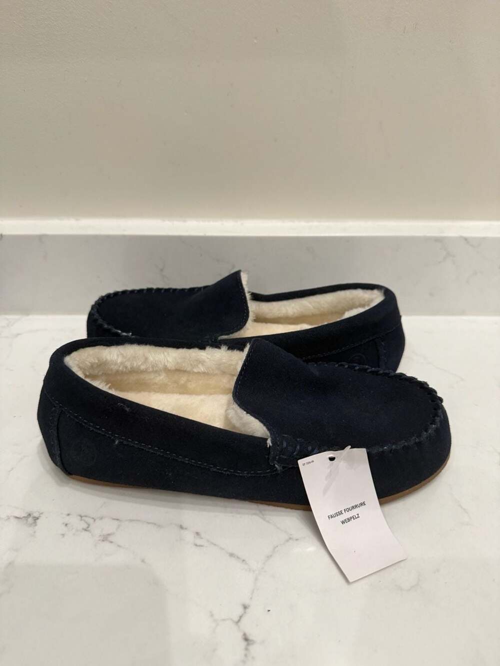 Lands' End Kids Suede Faux Fur Lined Moccasin Slippers Navy Blue Size 4M